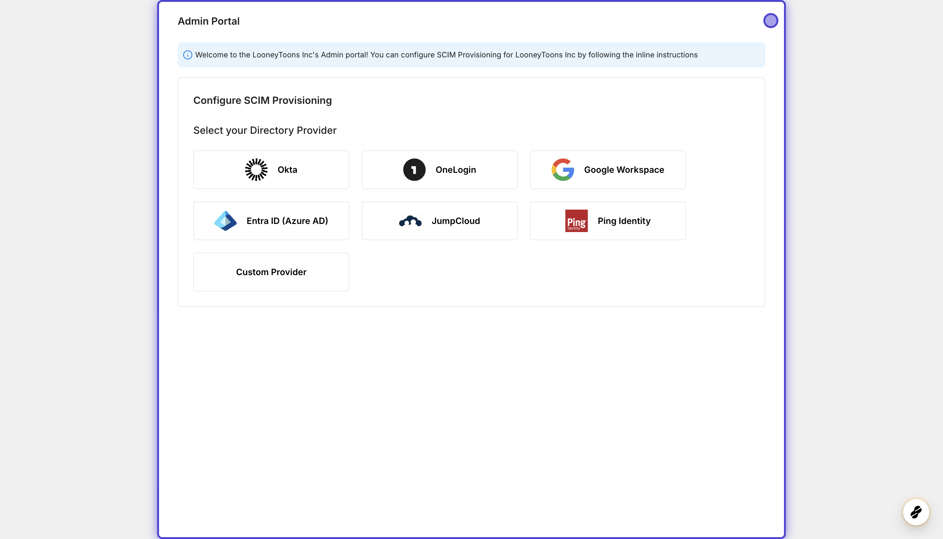Setting up Directory Sync in the admin portal of an app being onboarded: Entra ID selected as the provider, awaiting configuration